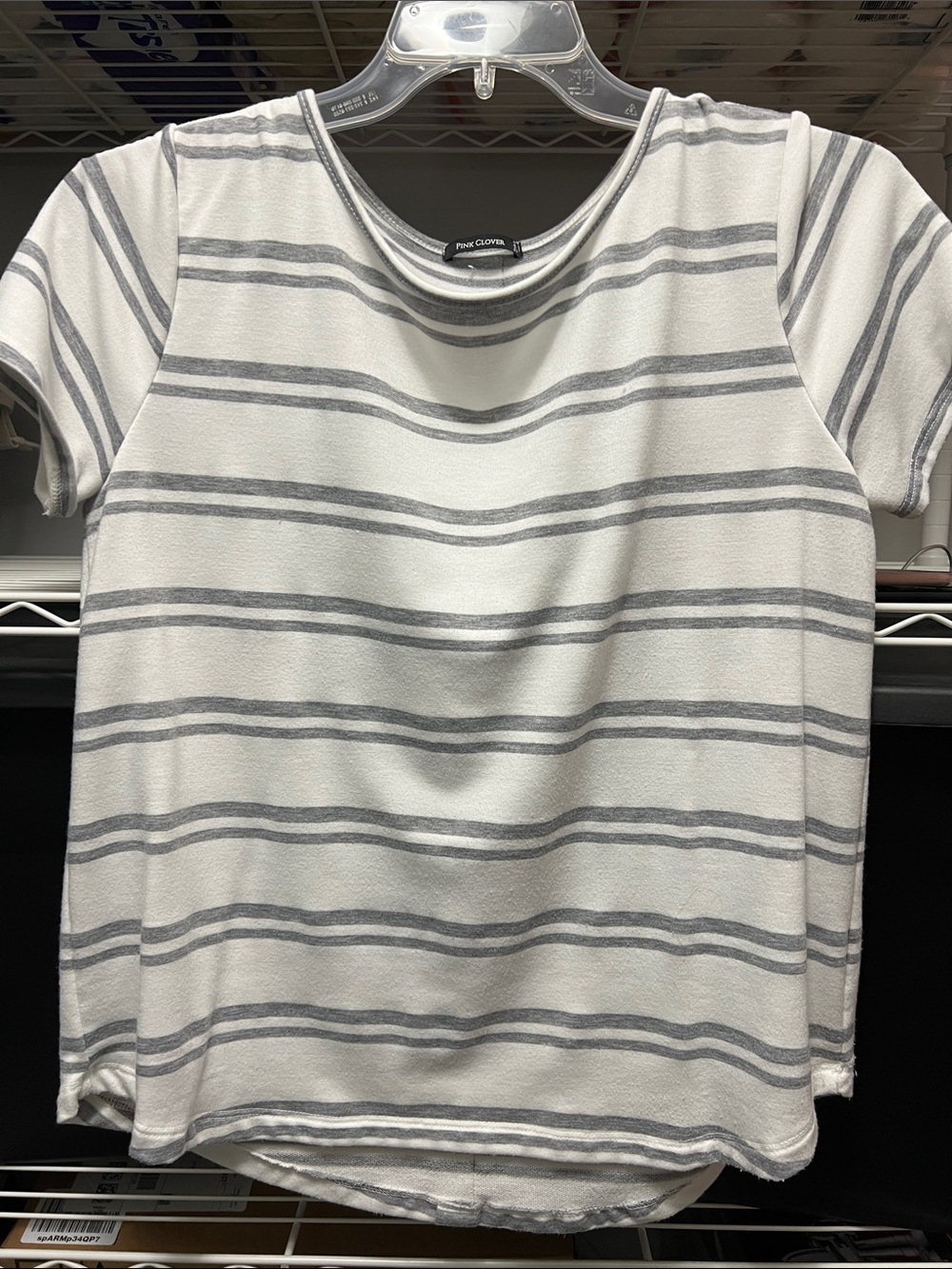Pink Clover White Short-Sleeve Crewneck Top with Gray Stripes